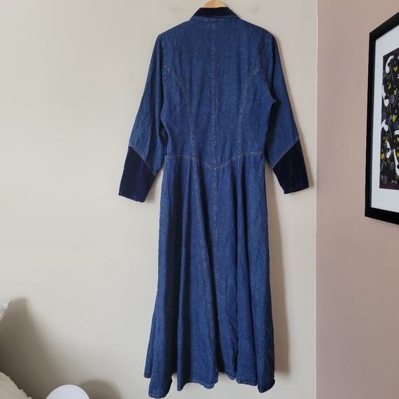 Vintage 90s Western Long Sleeve Denim Velvet Patchwork Maxi Dress Duster Size M - Picture 2 of 11